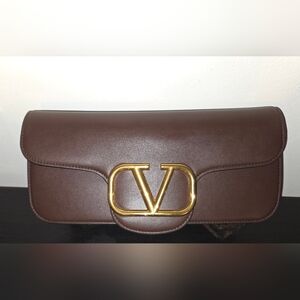 Valentino Brown Leather Vlogo Loco Crossbody Clutch Bag